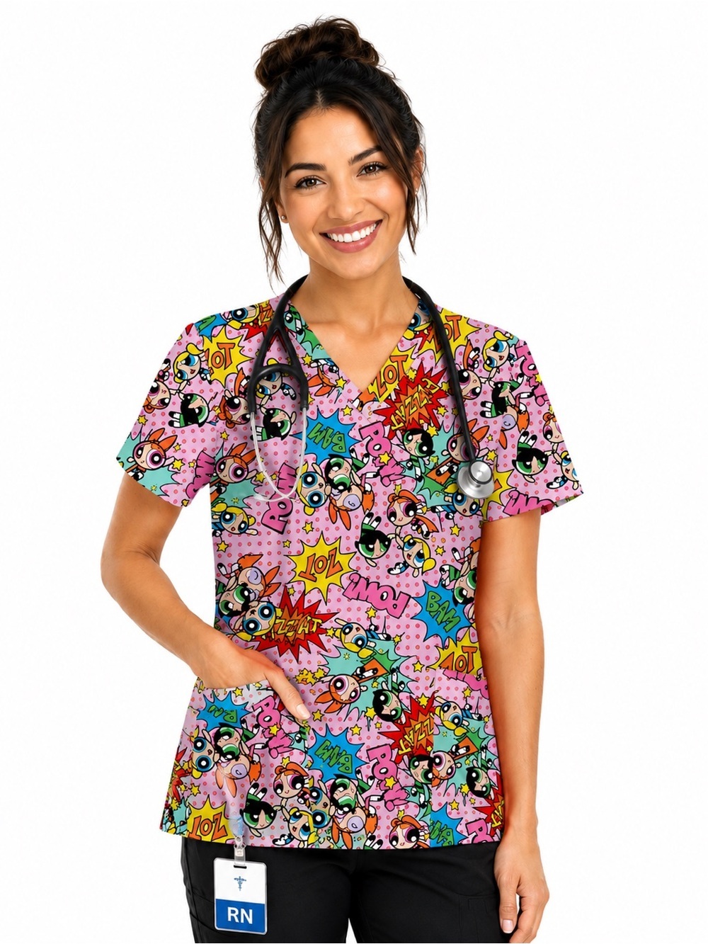 Cartoon Powerpuff Girls Pink Scrub Top Size M NEW